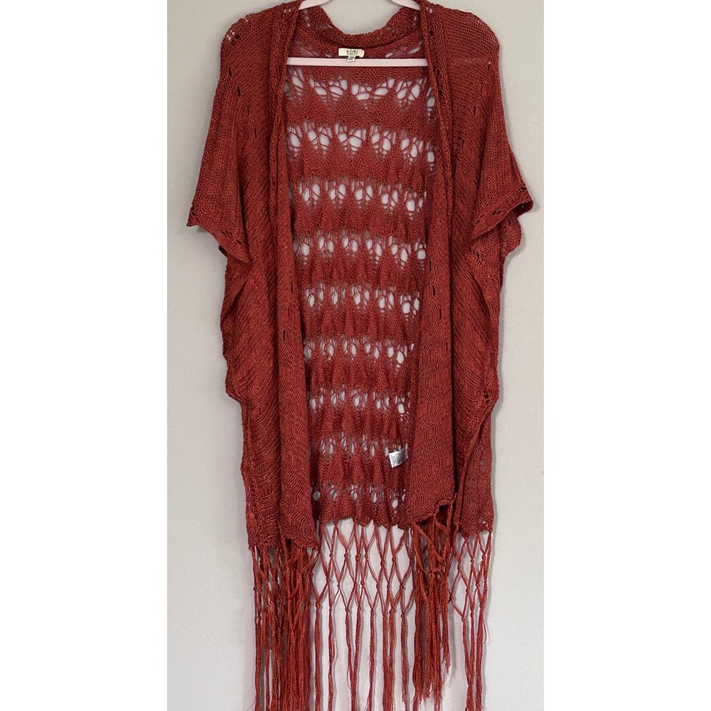 Kori America Rust Orange Open Knit Crochet Fringe Cardigan Boho Wrap S/M D1084RE
